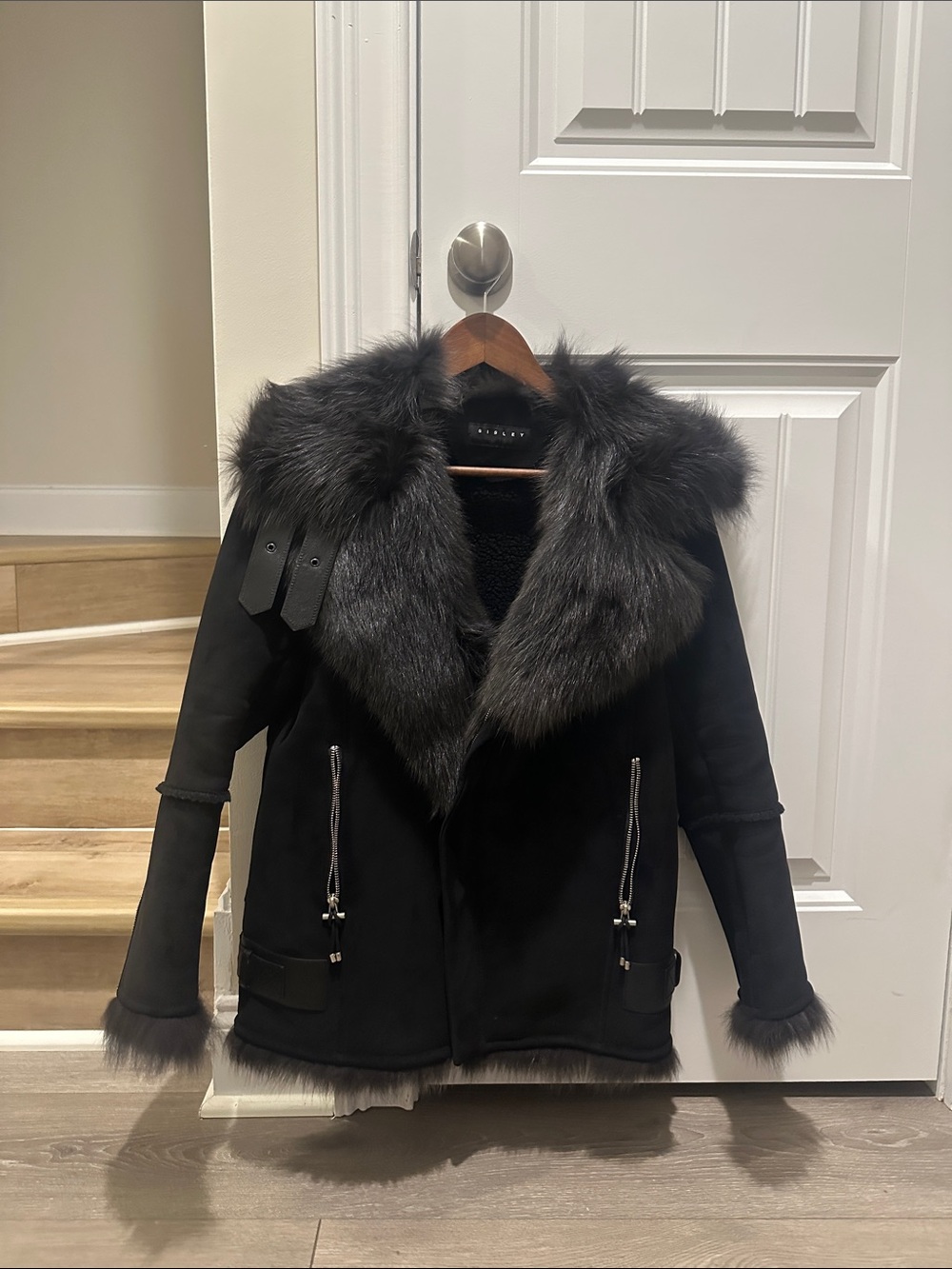 Black Women's Coat with Rabbit Fur Collar